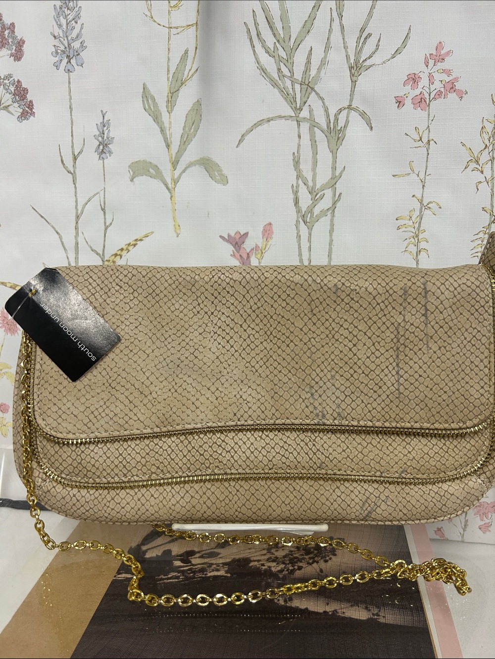 Urban Expressions Beige Snake-Embossed Crossbody with Gold Chain